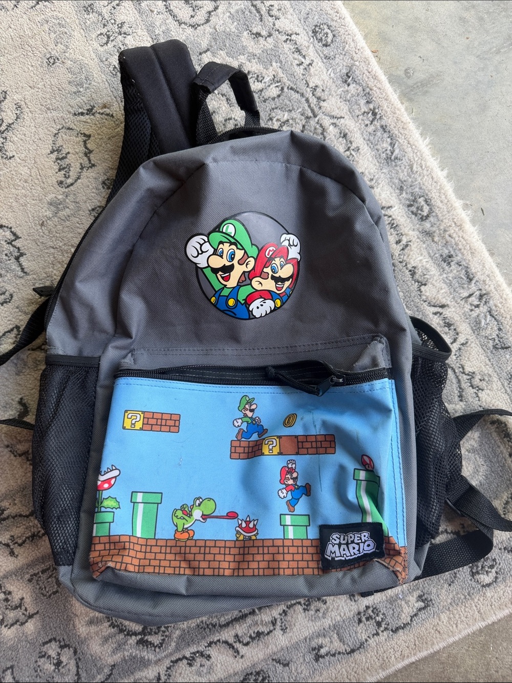 Super Mario Kids Backpack - Gray with Blue Front Pocket